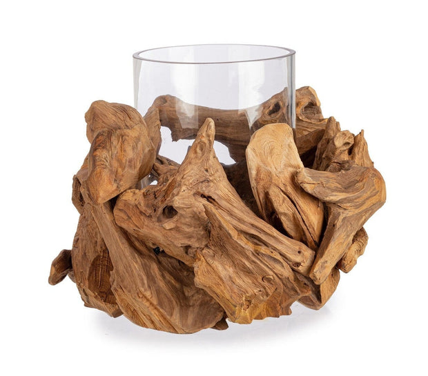 Suport lumanare din sticla si lemn de tec Izara Natural / Transparent, Ø36xH22 cm