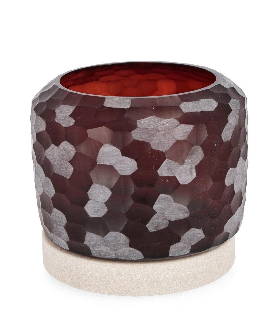 Suport lumanare din sticla si lemn Sampur Bordeaux, Ø21xH19 cm