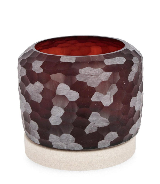 Suport lumanare din sticla si lemn Sampur Bordeaux, Ø21xH19 cm