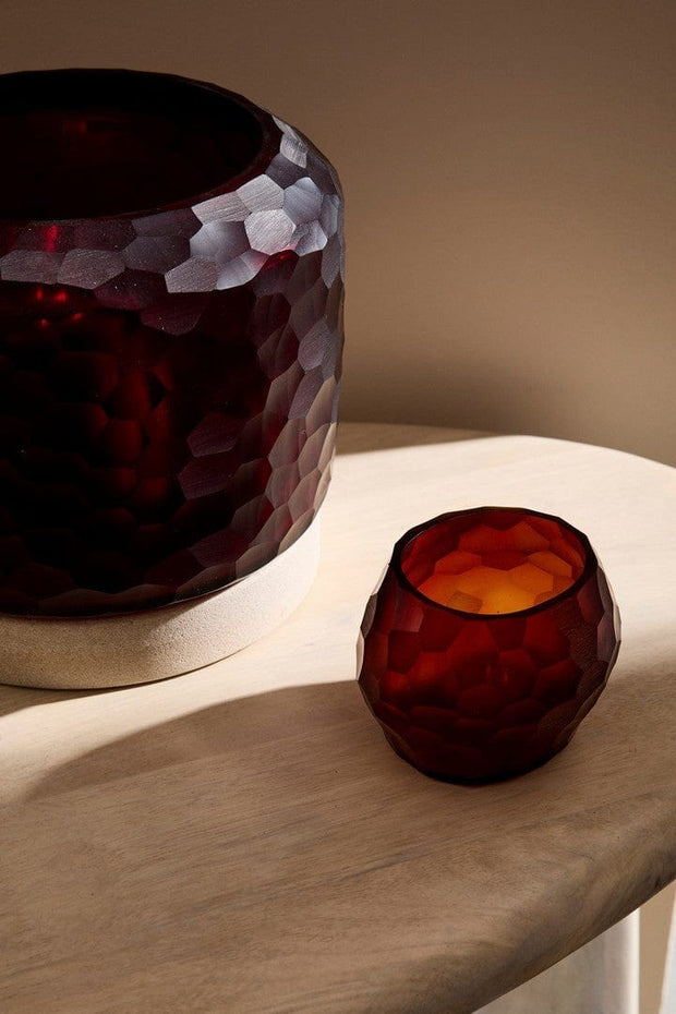 Suport lumanare din sticla si lemn Sampur Bordeaux, Ø21xH19 cm (1)