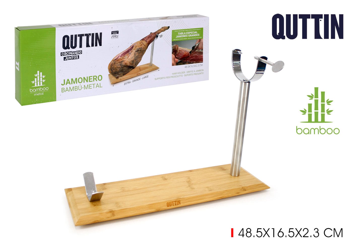 Suport pentru jambon din lemn si otel inoxidabil, Quttin Natural / Argintiu, l48,5xA16,5xH2,3 cm