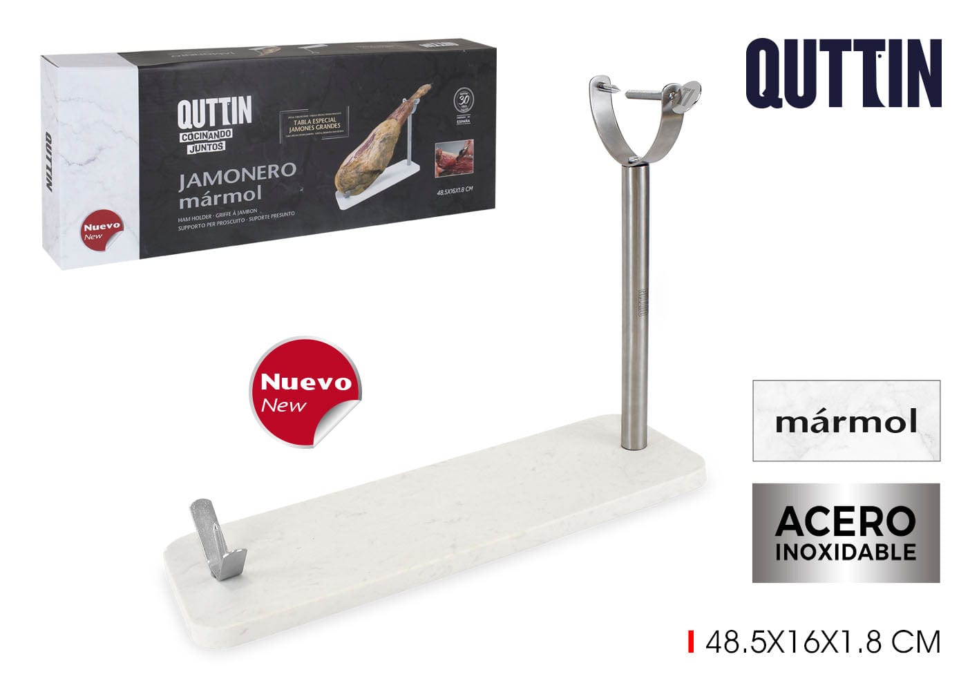 Suport pentru jambon din marmura si otel inoxidabil, Quttin Marmura / Argintiu, l48,5xA16xH1,8 cm