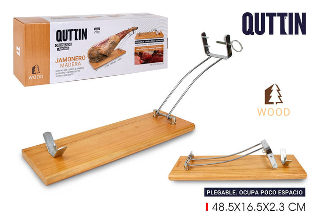 Suport pliabil pentru jambon din lemn si otel inoxidabil, Quttin Natural / Argintiu, l48,5xA16,5xH2,3 cm