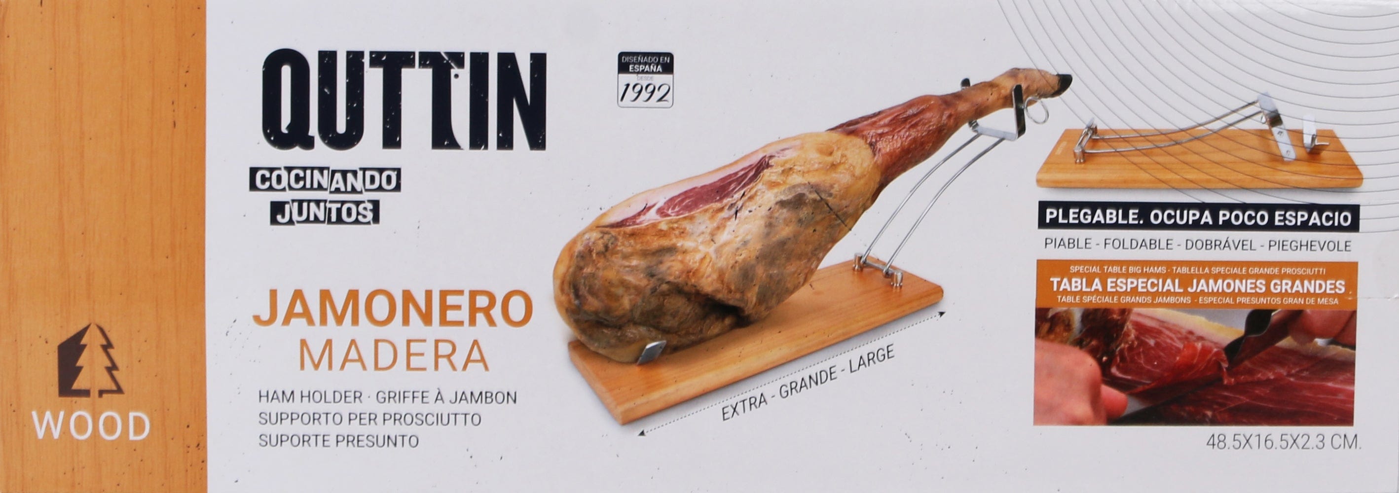 Suport pliabil pentru jambon din lemn si otel inoxidabil, Quttin Natural / Argintiu, l48,5xA16,5xH2,3 cm (1)