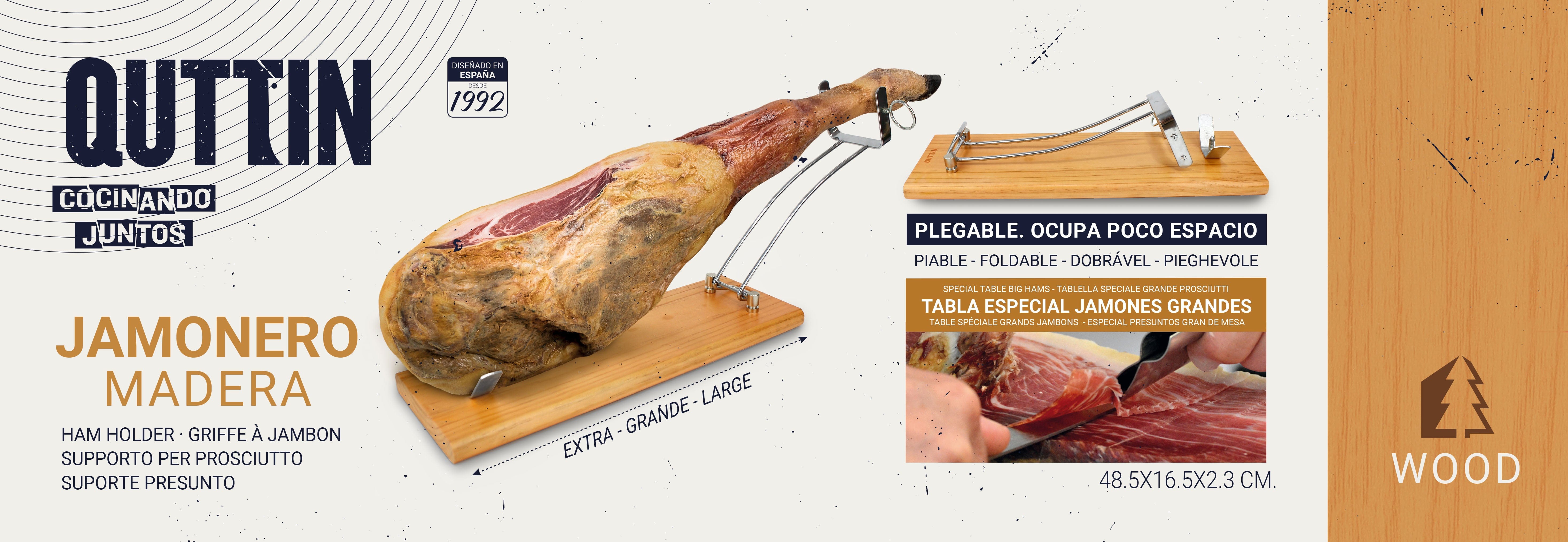 Suport pliabil pentru jambon din lemn si otel inoxidabil, Quttin Natural / Argintiu, l48,5xA16,5xH2,3 cm (7)