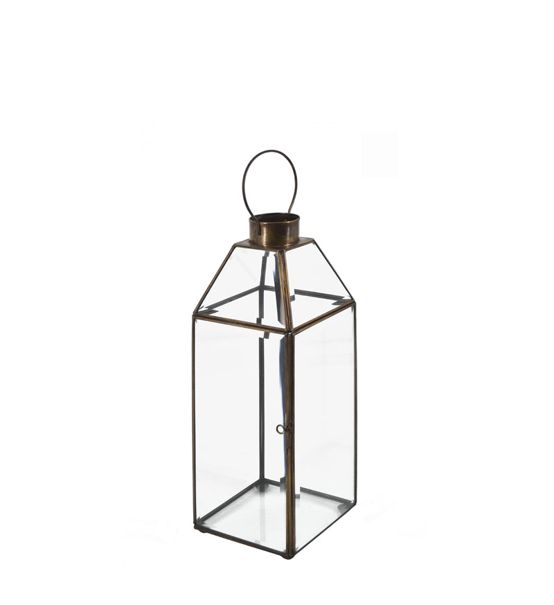 Felinar decorativ din sticla si metal, Rectangular Bezel Small Transparent / Alama, L11xl11xH30 cm