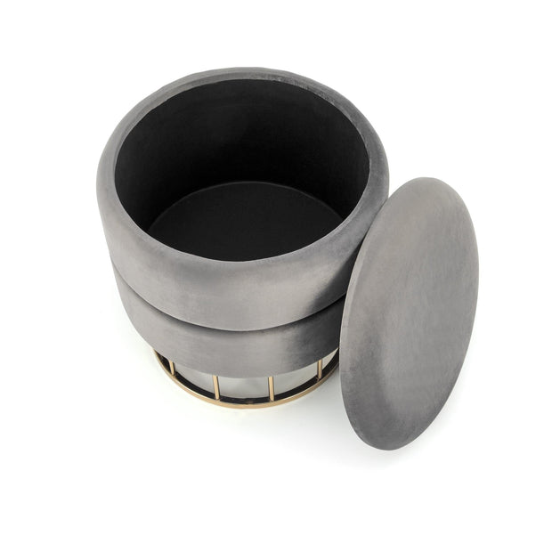 Taburet tapitat cu stofa, cu spatiu de depozitare si picioare metalice Minty Gri / Auriu, Ø37xH41 cm (7)