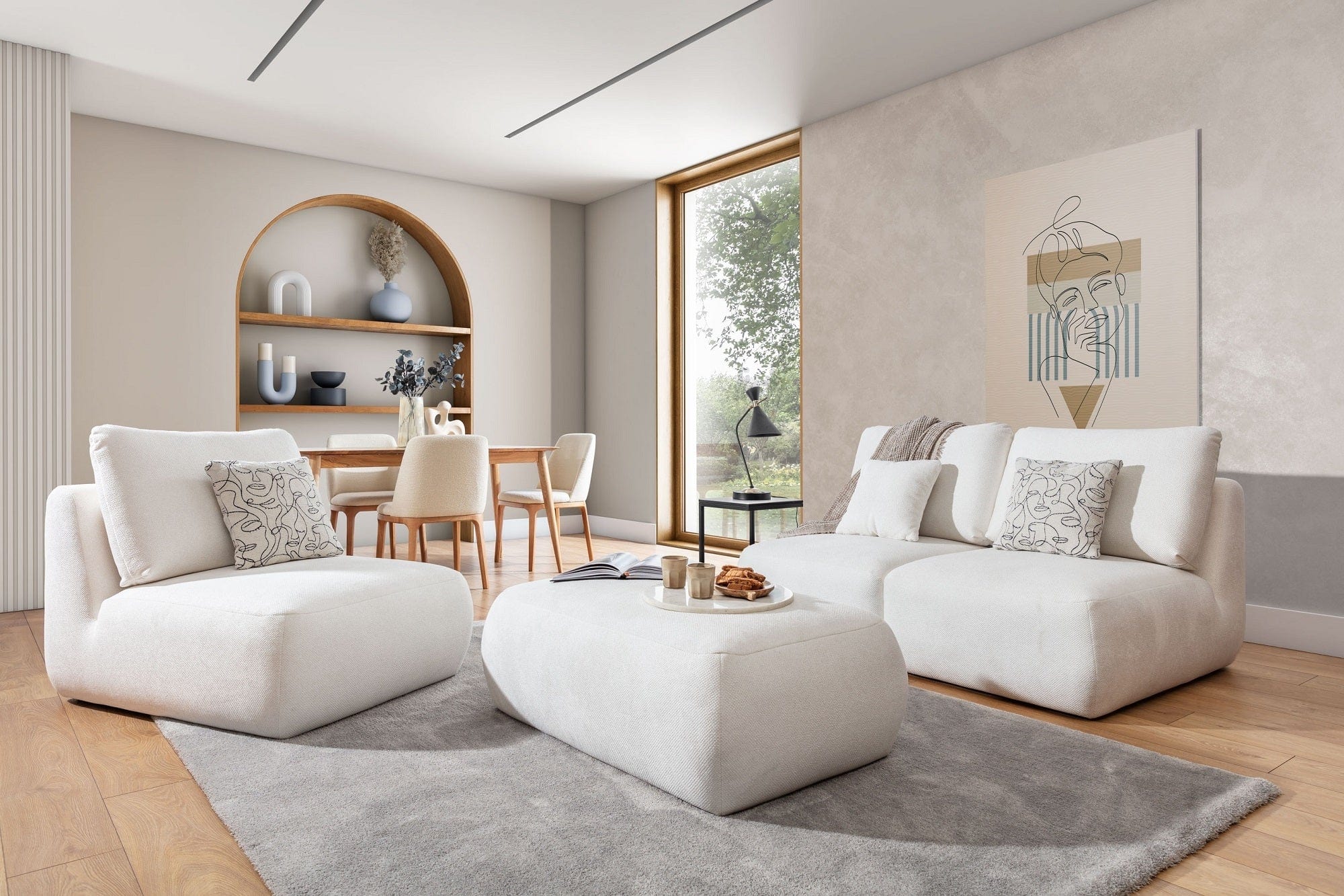 Taburet tapitat cu stofa, Dionisia Alb, l113xA70xH42 cm (1)