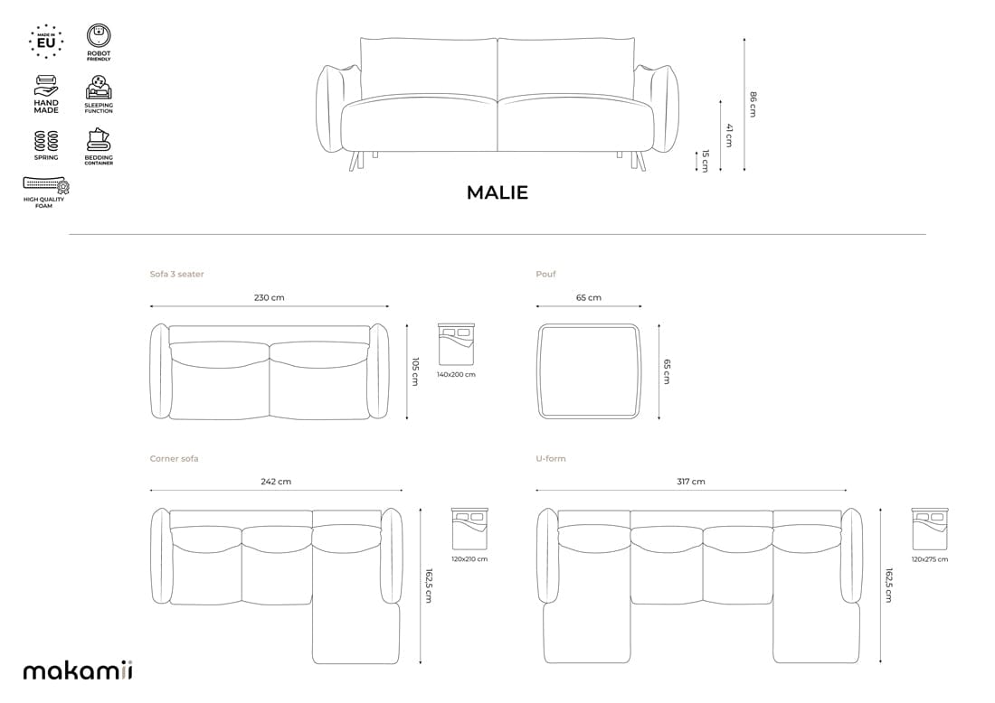 Makamii Taburet tapitat cu stofa, Malie C1 Alb / Negru, l65xA65xH44 cm