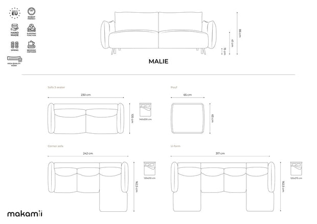Makamii Taburet tapitat cu stofa, Malie C1 Alb / Negru, l65xA65xH44 cm