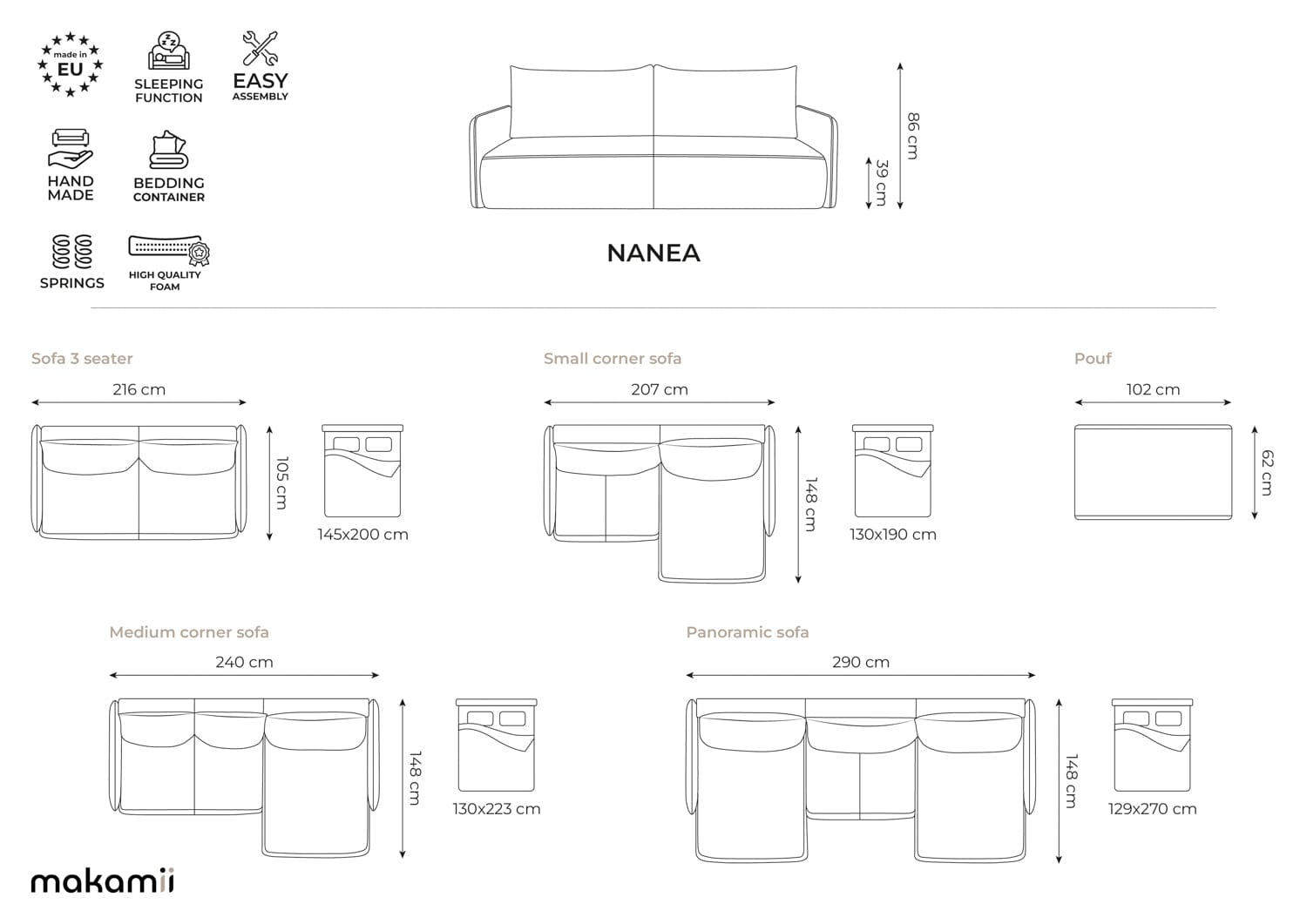 Makamii Taburet tapitat cu stofa, Nanea C16 Gri / Negru, l102xA62xH40 cm
