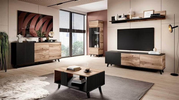 Vitrina din MDF, pal si sticla, cu 1 usa, Randolph W-1 Stejar Wotan / Negru, l60xA40xH182 cm (1)