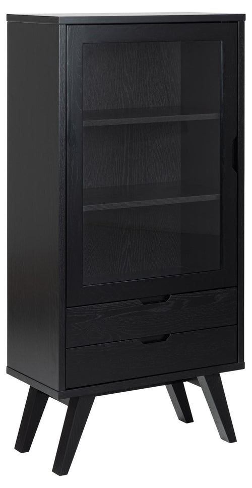 Vitrina din pal, furnir si lemn, cu 2 sertare si 1 usa, A-Line Negru, l72xA36xH145 cm