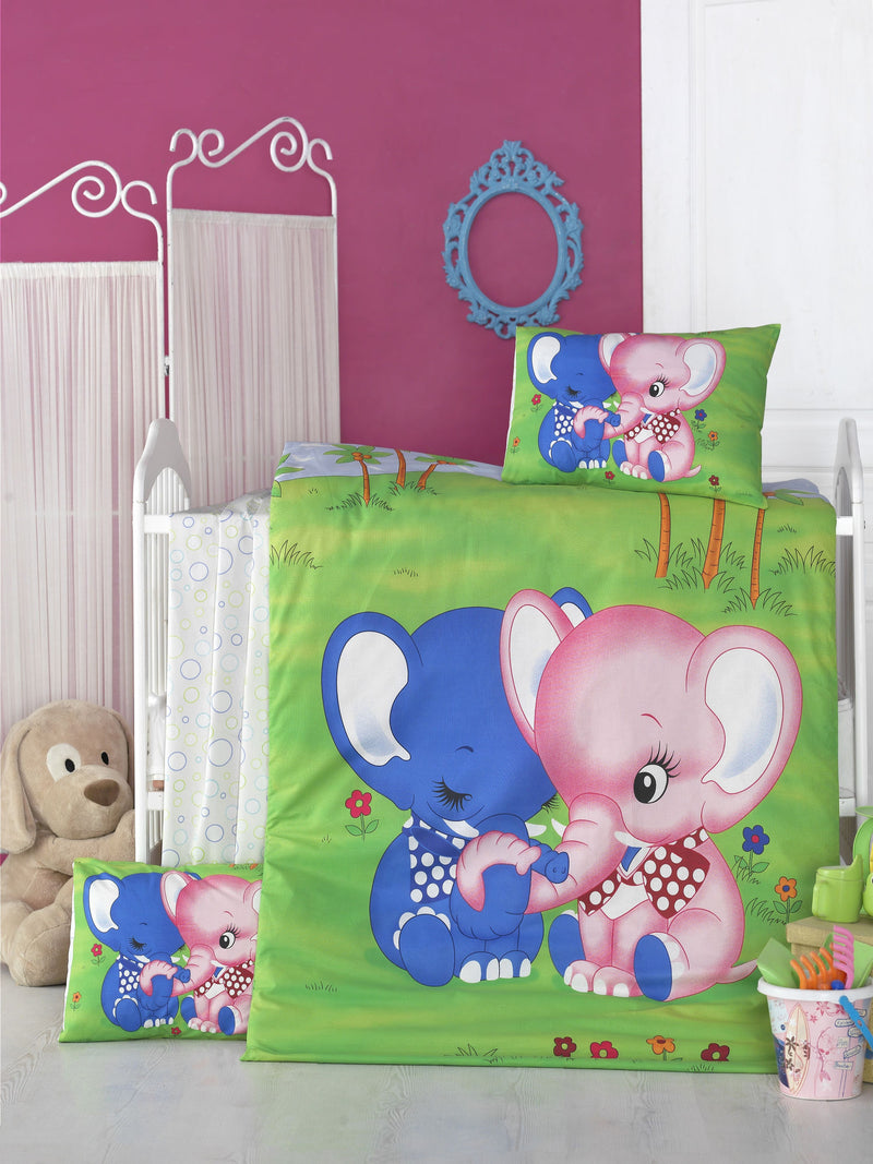 Set lenjerie pentru copii, din bumbac, 4 piese, Elephant Multicolor, 100 x 150 cm