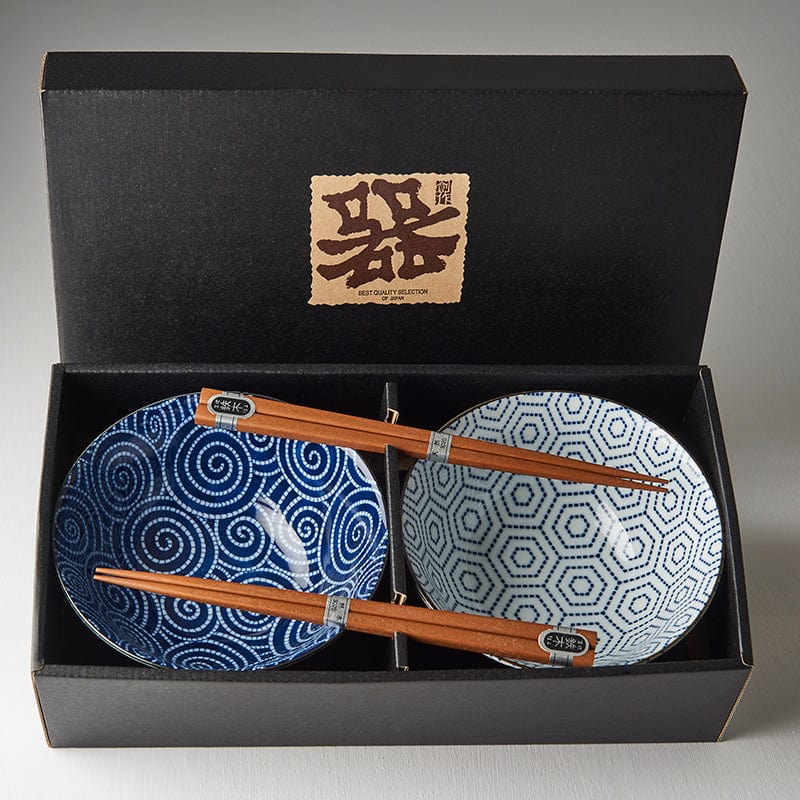 Set 2 boluri cu 4 bete japoneze, din ceramica, Honeycomb Albastru, 400 ml (3)