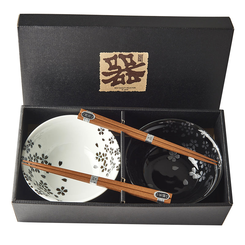 Set 2 boluri cu 4 bete japoneze, din ceramica, Sakura Negru, 400 ml