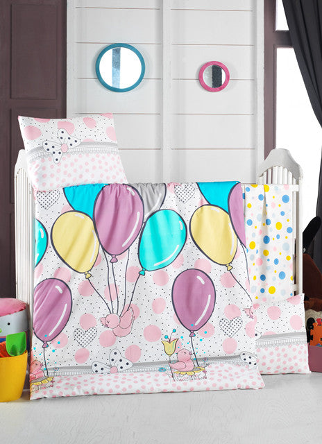 Set lenjerie pentru copii, din bumbac, 4 piese, Balloons Multicolor, 100 x 150 cm