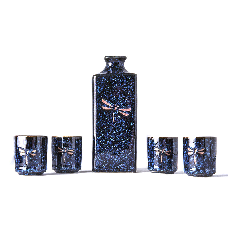 Set japonez pentru servire sake, din ceramica,  Dragonfly Albastru, 5 piese