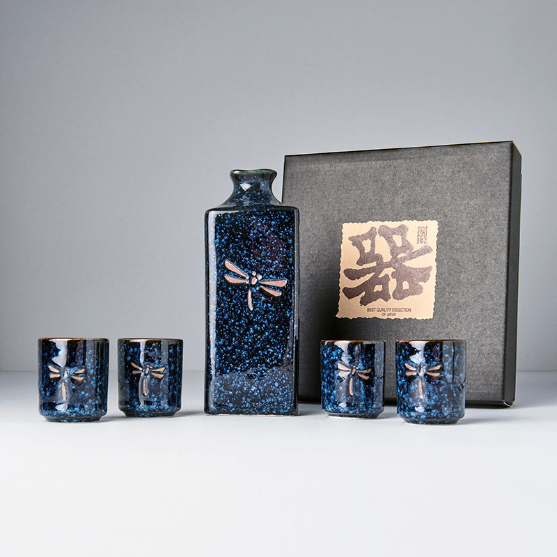 Set japonez pentru servire sake, din ceramica,  Dragonfly Albastru, 5 piese (2)