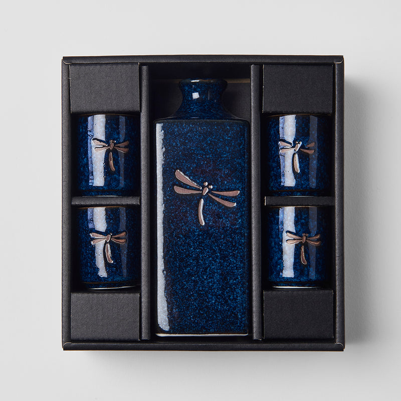 Set japonez pentru servire sake, din ceramica,  Dragonfly Albastru, 5 piese (1)
