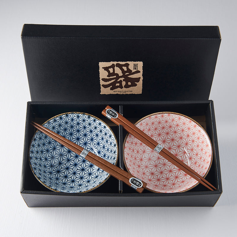 Set 2 boluri cu 4 bete japoneze, din ceramica, Asanoha Rosu, 400 ml (3)