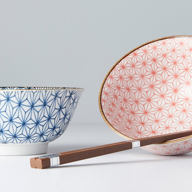 Set 2 boluri cu 4 bete japoneze, din ceramica, Asanoha Rosu, 400 ml (1)