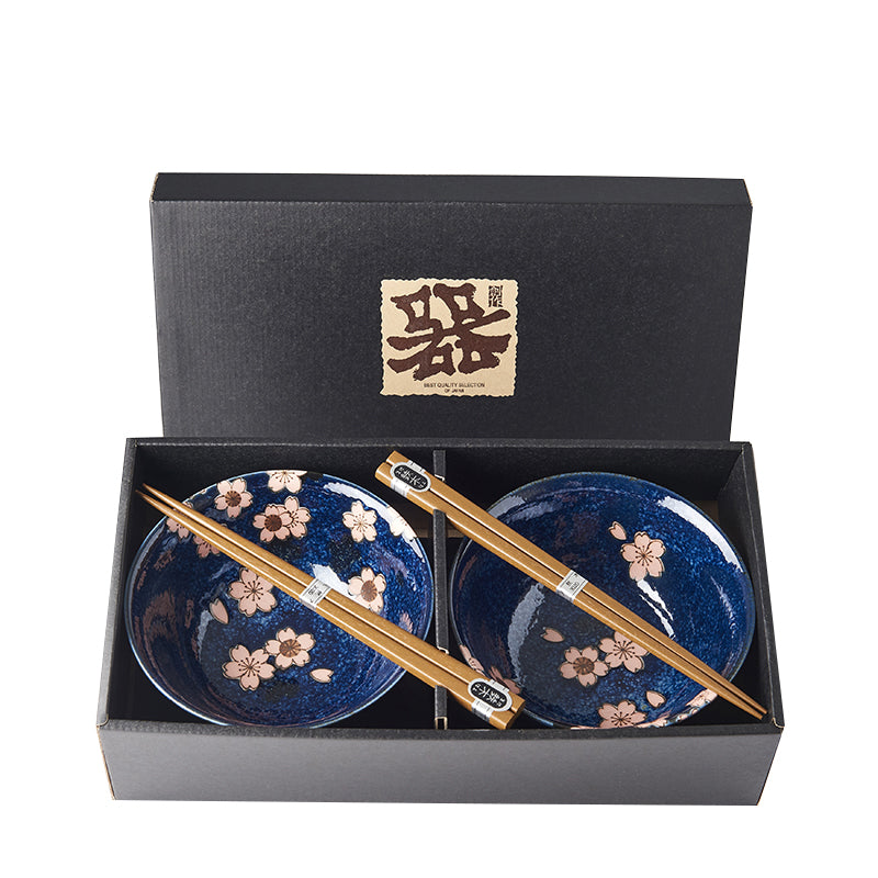 Set 2 boluri cu 4 bete japoneze, din ceramica, Sakura Albastru, 400 ml