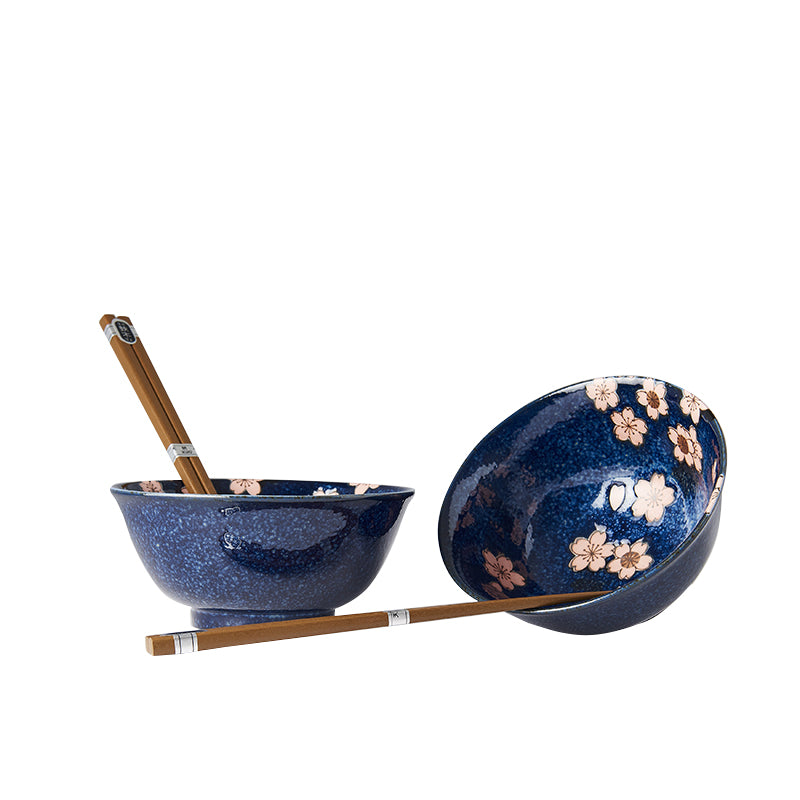 Set 2 boluri cu 4 bete japoneze, din ceramica, Sakura Albastru, 400 ml (2)