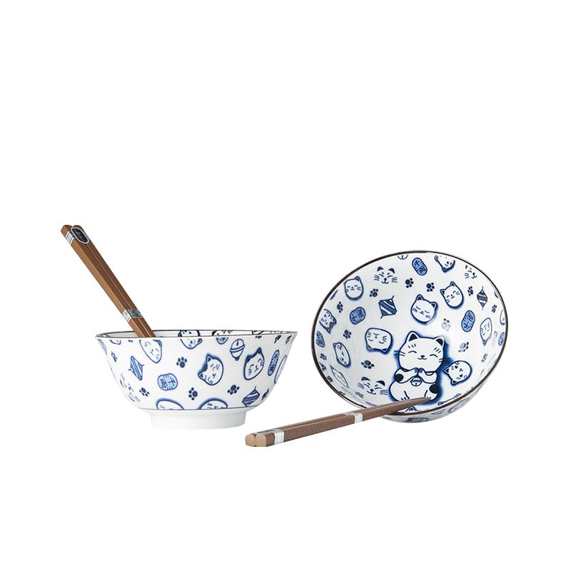 Set 2 boluri cu 4 bete japoneze, din ceramica, Maneki Cat Albastru, 400 ml