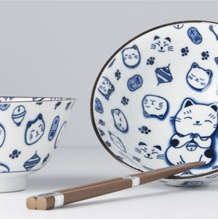Set 2 boluri cu 4 bete japoneze, din ceramica, Maneki Cat Albastru, 400 ml (1)