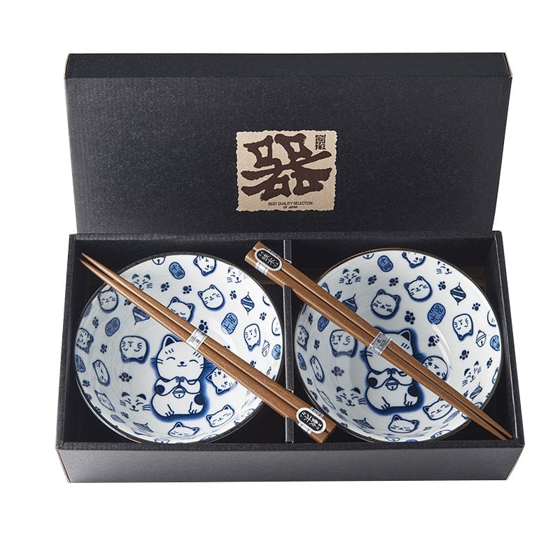 Set 2 boluri cu 4 bete japoneze, din ceramica, Maneki Cat Albastru, 400 ml (3)