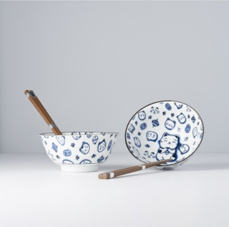Set 2 boluri cu 4 bete japoneze, din ceramica, Maneki Cat Albastru, 400 ml (2)