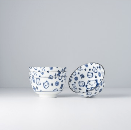 Set 4 boluri japoneze, din ceramica, Maneki Cat Albastru, 350 ml (3)