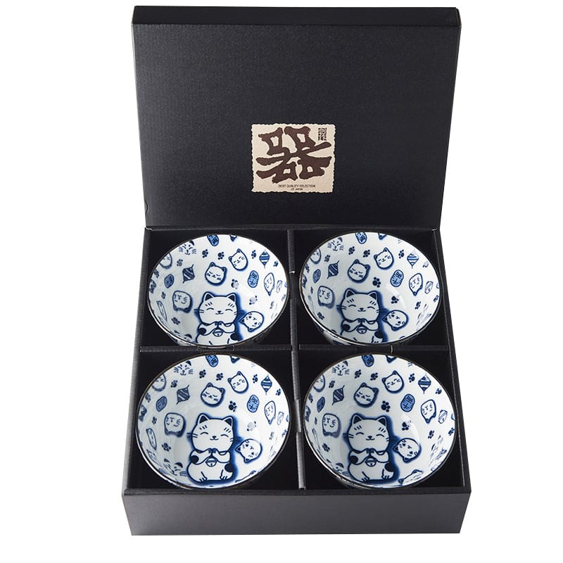 Set 4 boluri japoneze, din ceramica, Maneki Cat Albastru, 350 ml (2)