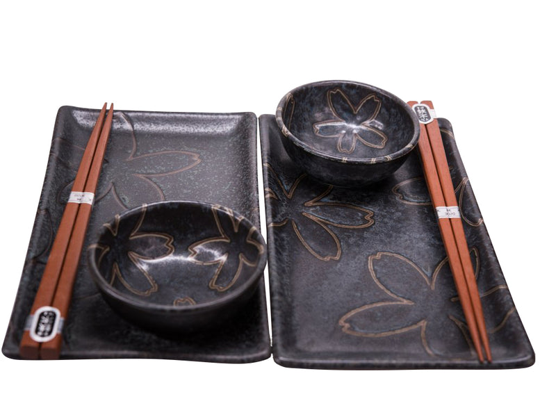 Set japonez pentru servire sushi, din ceramica, Stylized Flowers Negru, 4 piese
