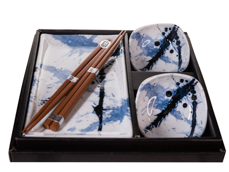 Set japonez pentru servire sushi, din ceramica, Splash Albastru, 4 piese