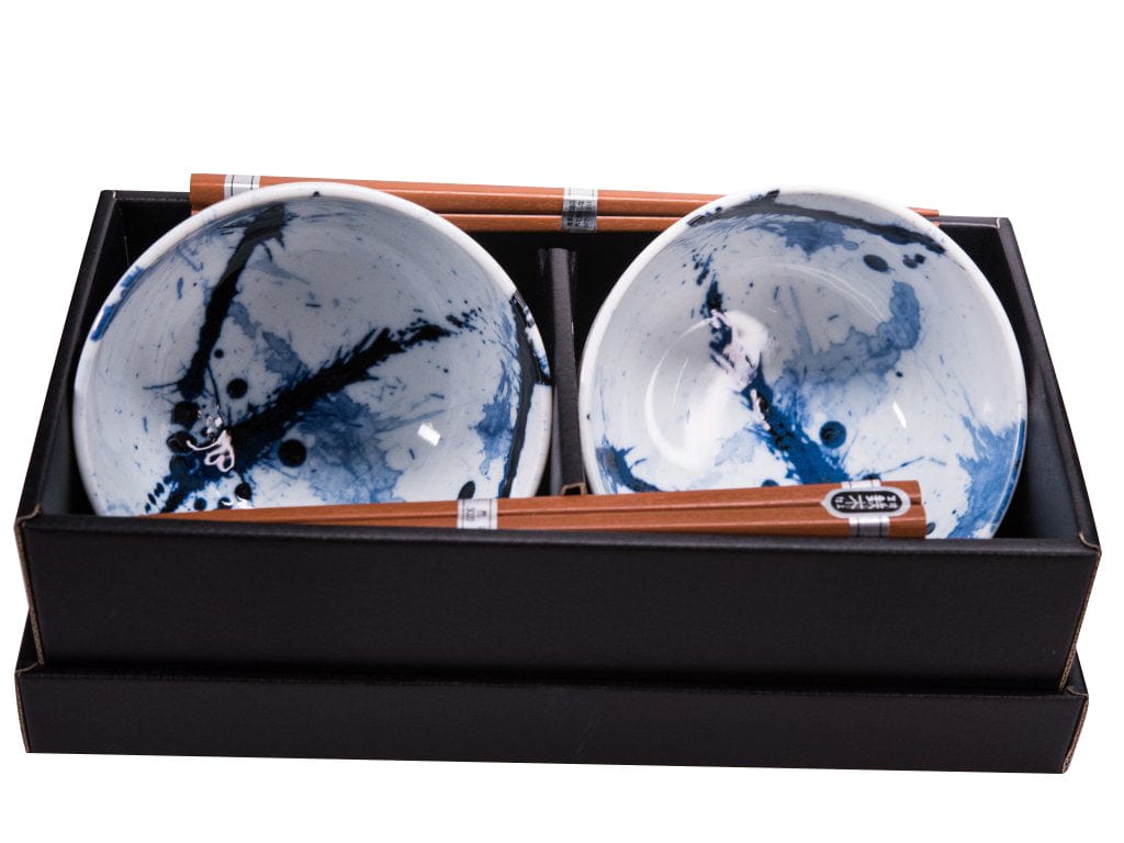 Set 2 boluri cu 4 bete japoneze, din ceramica, Splash Albastru, 350 ml (2)