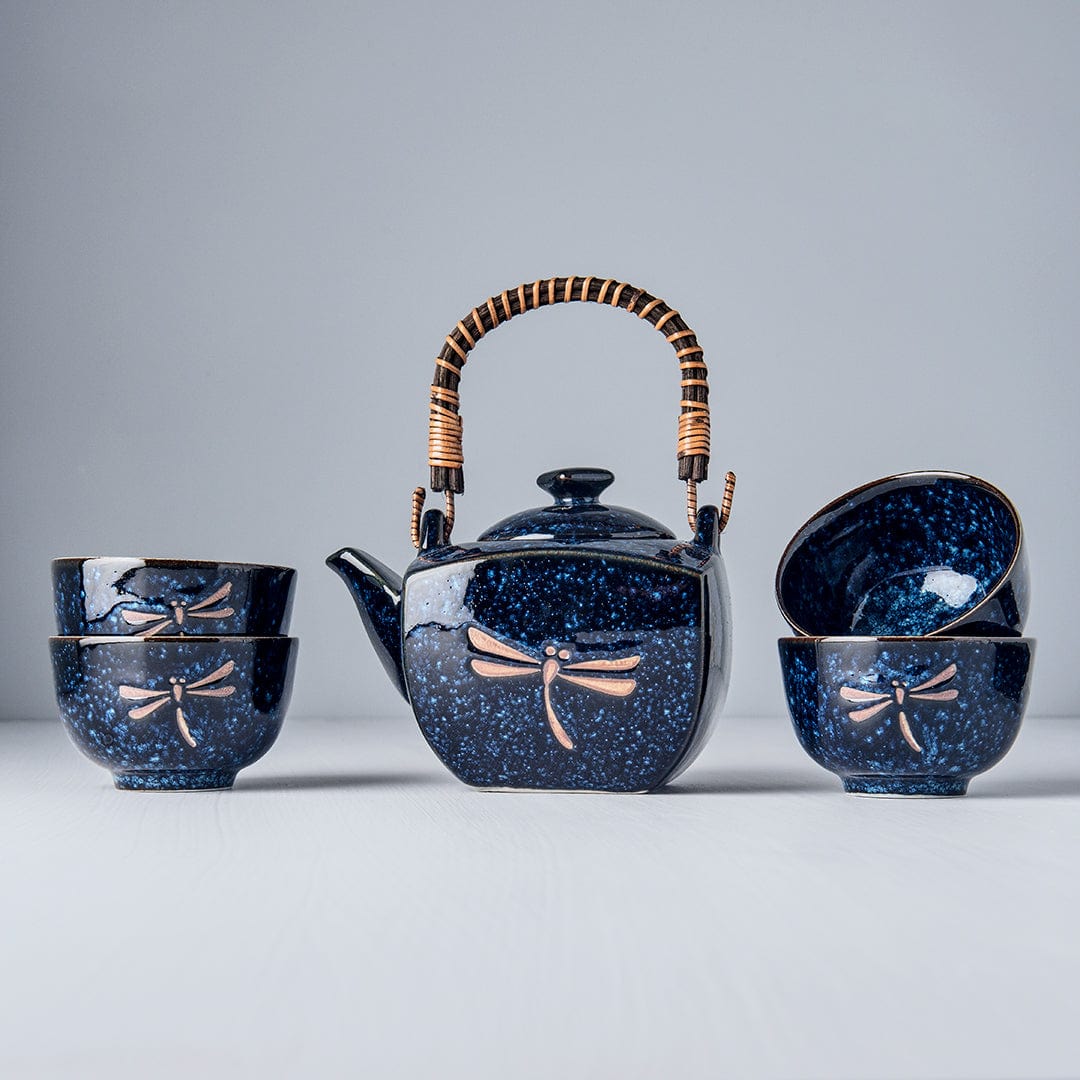 Set japonez pentru servire ceai, din ceramica,  Dragonfly Albastru, 5 piese (1)
