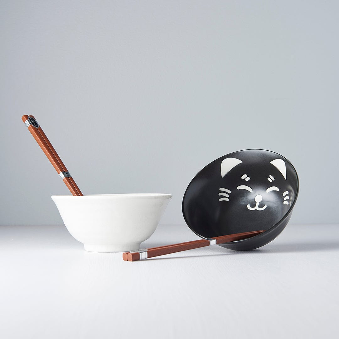 Set 2 boluri cu 4 bete japoneze, din ceramica, Cat Face Negru, 400 ml (3)