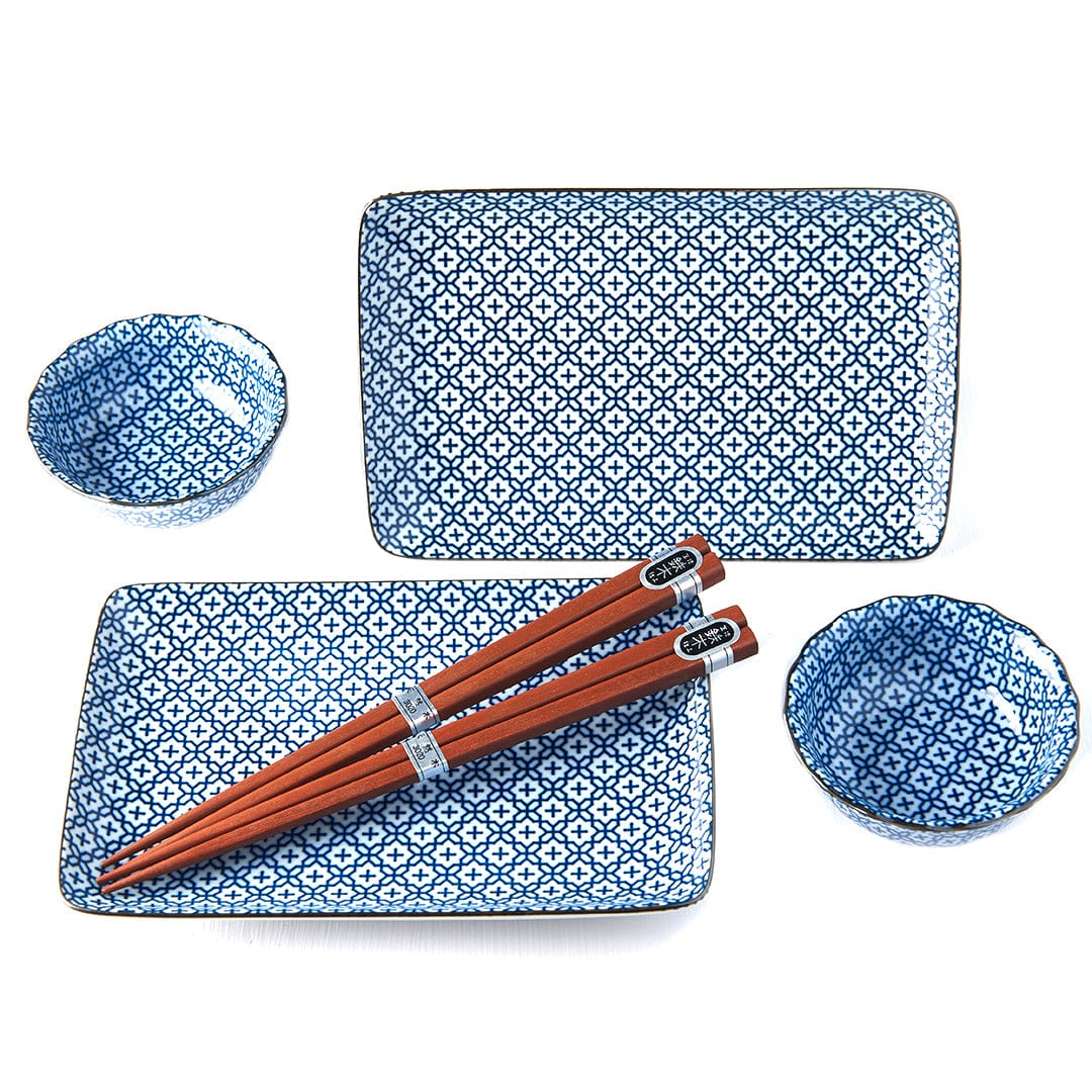 Set japonez pentru servire sushi, din ceramica, Geometric Flowers Albastru, 4 piese