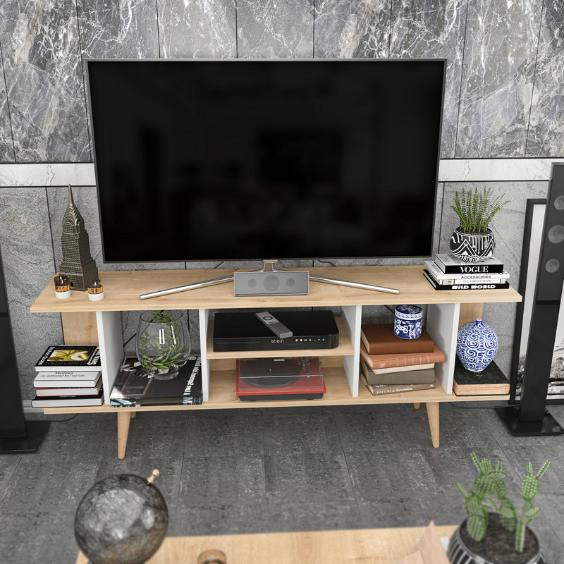 Comoda TV din pal si metal, Akya Stejar Sapphire / Alb, l160xA35xH38,6 cm