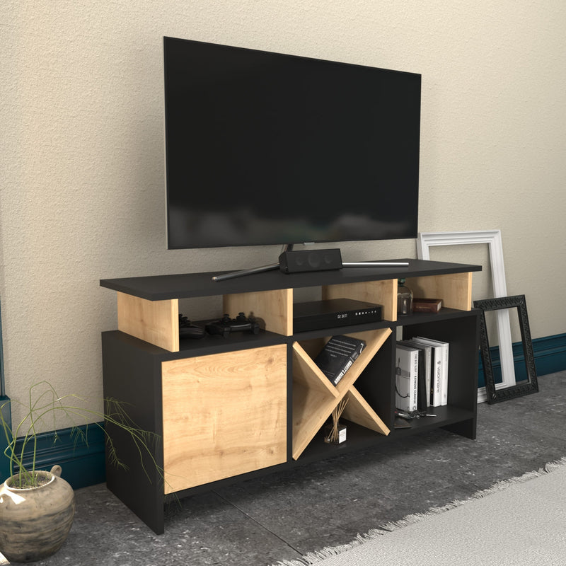 Comoda TV din pal si metal, cu 1 usa, Auburn Antracit / Stejar, l120xA60,6xH29,9 cm (1)