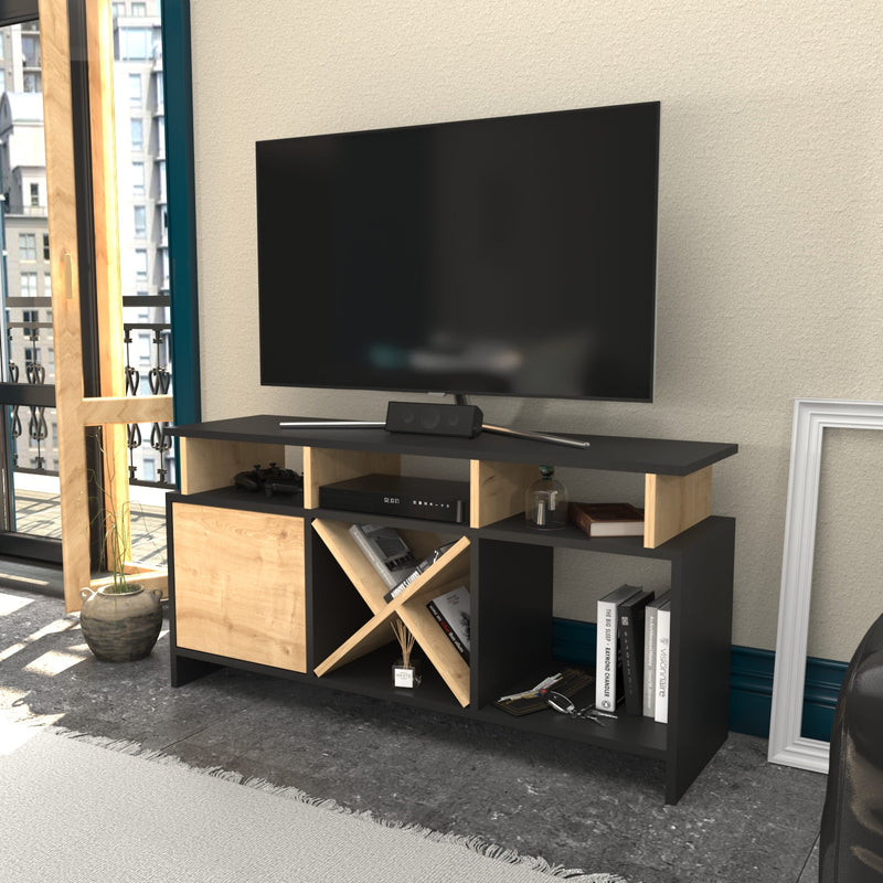 Comoda TV din pal si metal, cu 1 usa, Auburn Antracit / Stejar, l120xA60,6xH29,9 cm (2)