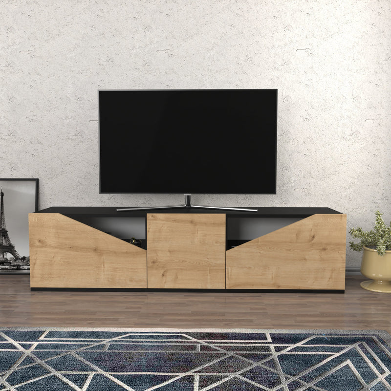 Comoda TV din lemn, cu 2 usi, Carson Antracit / Stejar, l160xA35,3xH40 cm