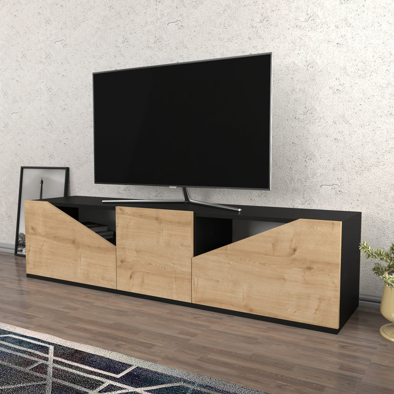 Comoda TV din lemn, cu 2 usi, Carson Antracit / Stejar, l160xA35,3xH40 cm (2)