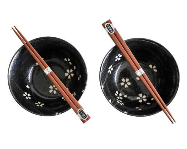 Set 2 boluri cu 4 bete japoneze, din ceramica, Petals Negru, 400 ml (2)