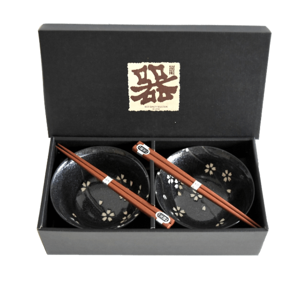 Set 2 boluri cu 4 bete japoneze, din ceramica, Petals Negru, 400 ml