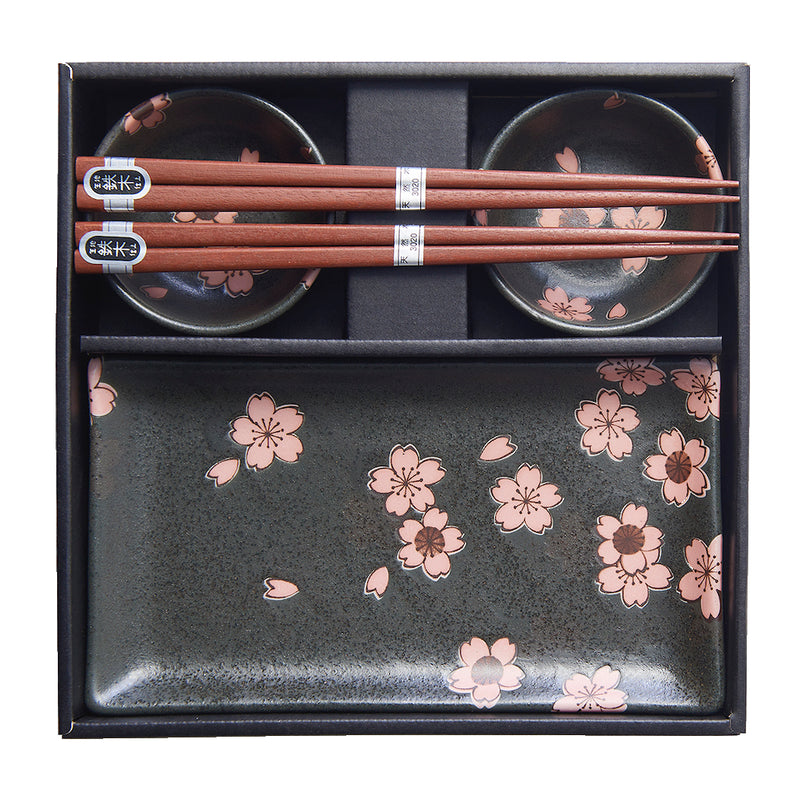 Set japonez pentru servire sushi, din ceramica, Sakura Negru, 4 piese