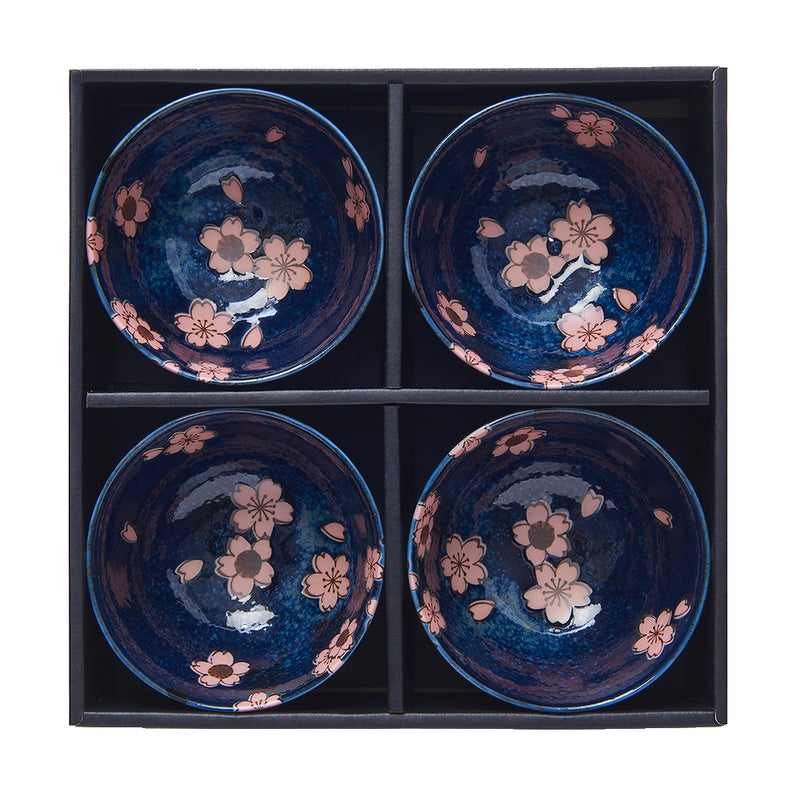 Set 4 boluri japoneze, din ceramica, Sakura Albastru, 200 ml