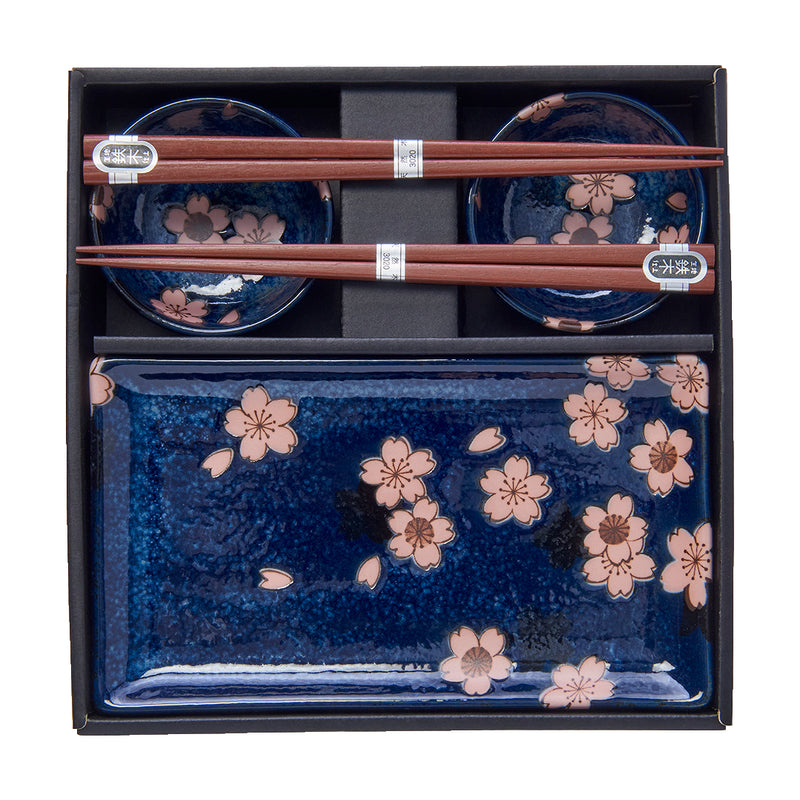 Set japonez pentru servire sushi, din ceramica, Sakura Albastru, 4 piese